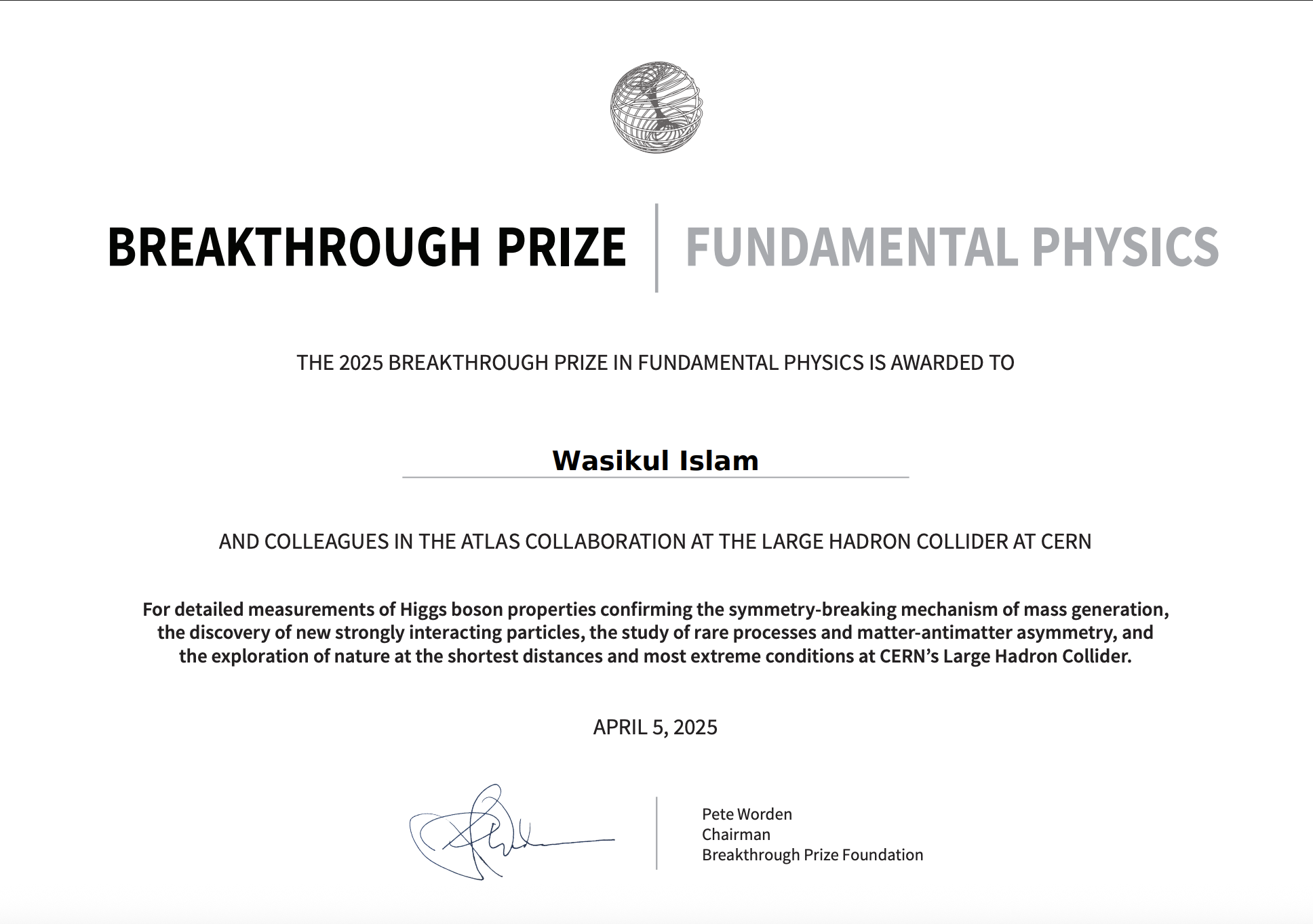 Wasikul receiving Breakthrough Prize
